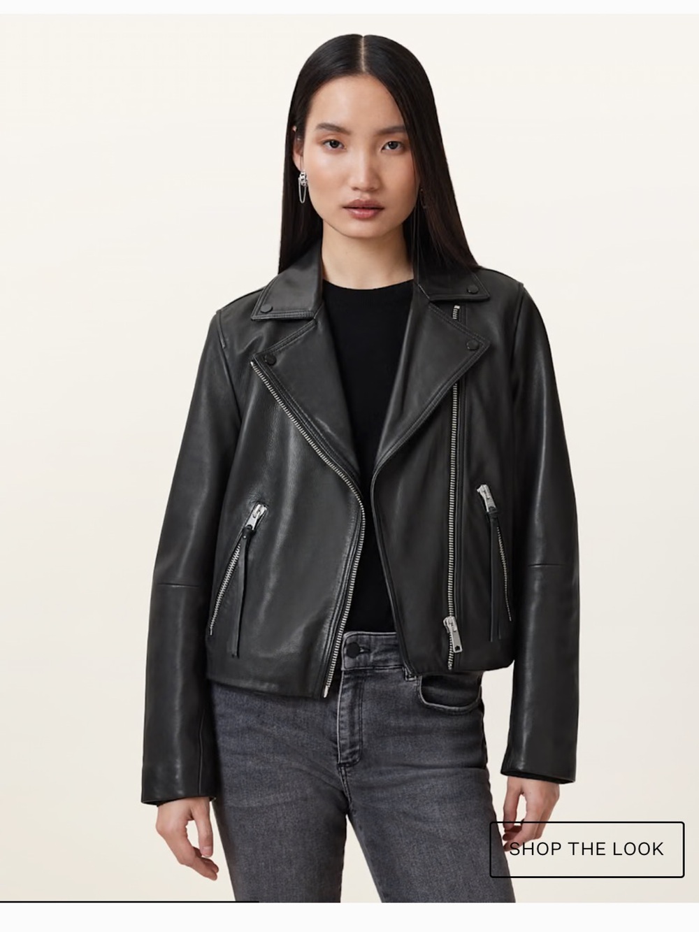 AllSaints Black Leather Biker Jacket with Silver Hardware